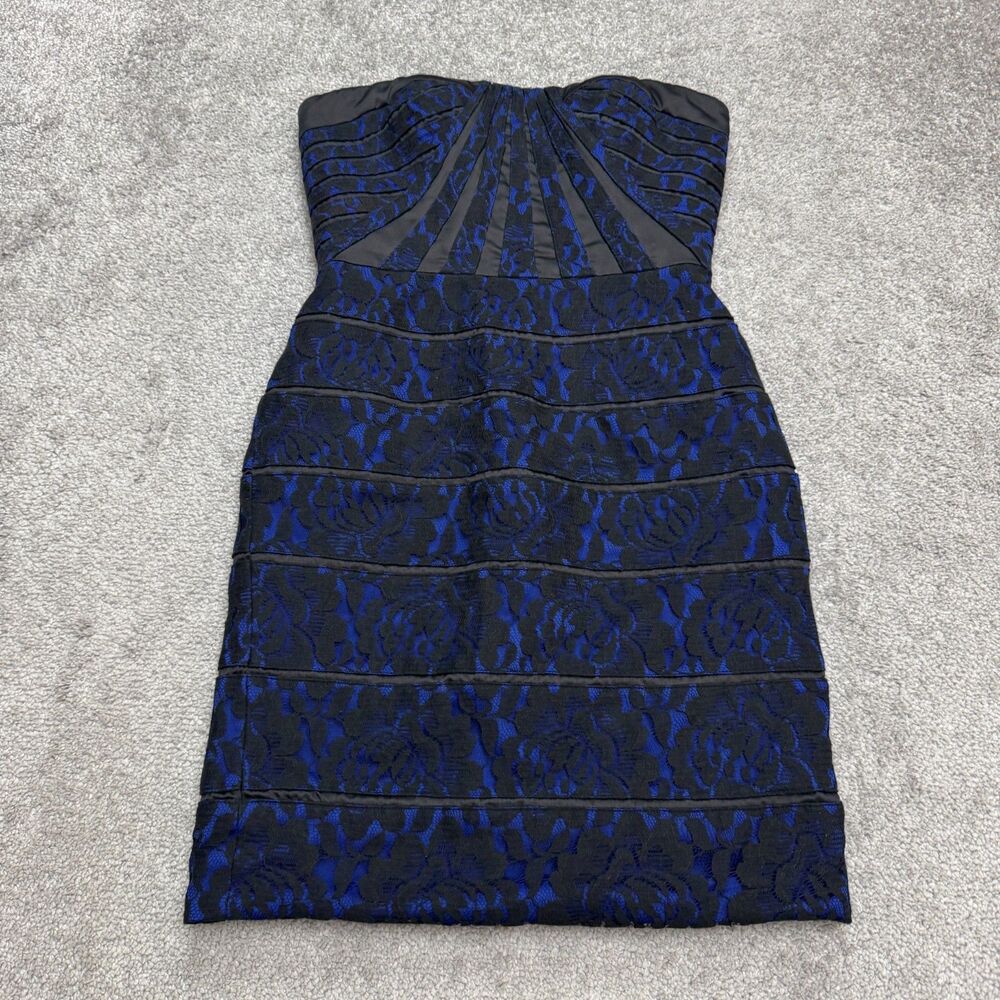 Aqua Lace Strapless Pencil Mini Dress Womens 2 Black Blue Floral Party Cocktail